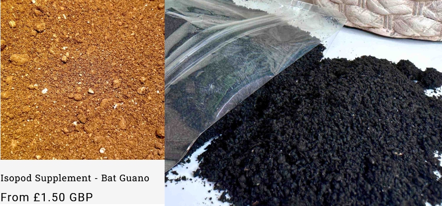 From left to right, there are images of: Isopod Supplement Bat Guano £1.50, and a bag of spilt black worm castings.