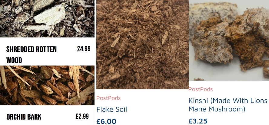 From top to bottom, left to right there are photos of listings of: Shredded Rotten Wood £4.99, Orchid Bark £2.99, Flake Soil £6.00, and Kinshi (made with Lions Mane Mushroom) £3.25. 